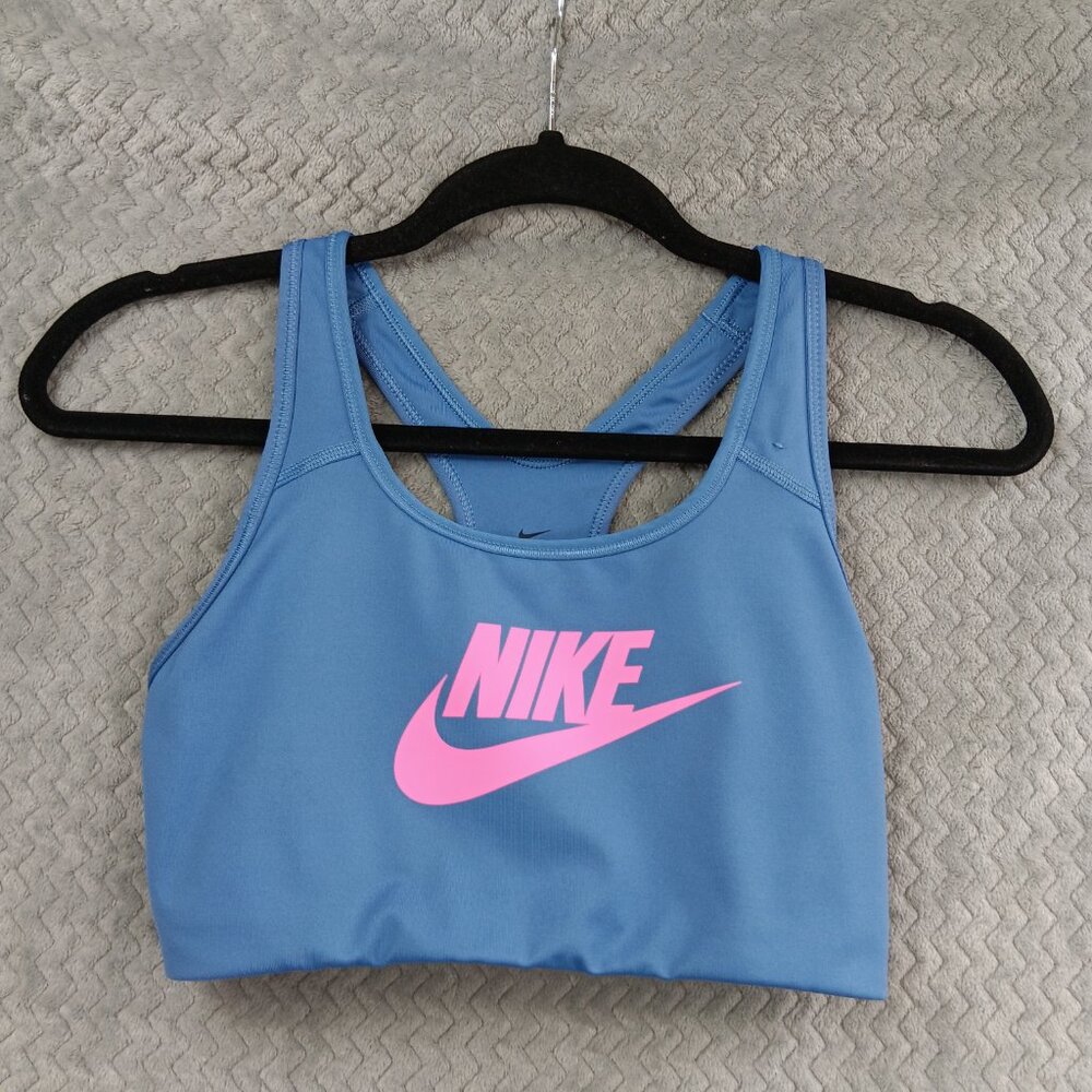 NIKE Women's Futura Swoosh Sports Bra Gym Running Athletic Size M Indigo Bra Top - Picture 2 of 5